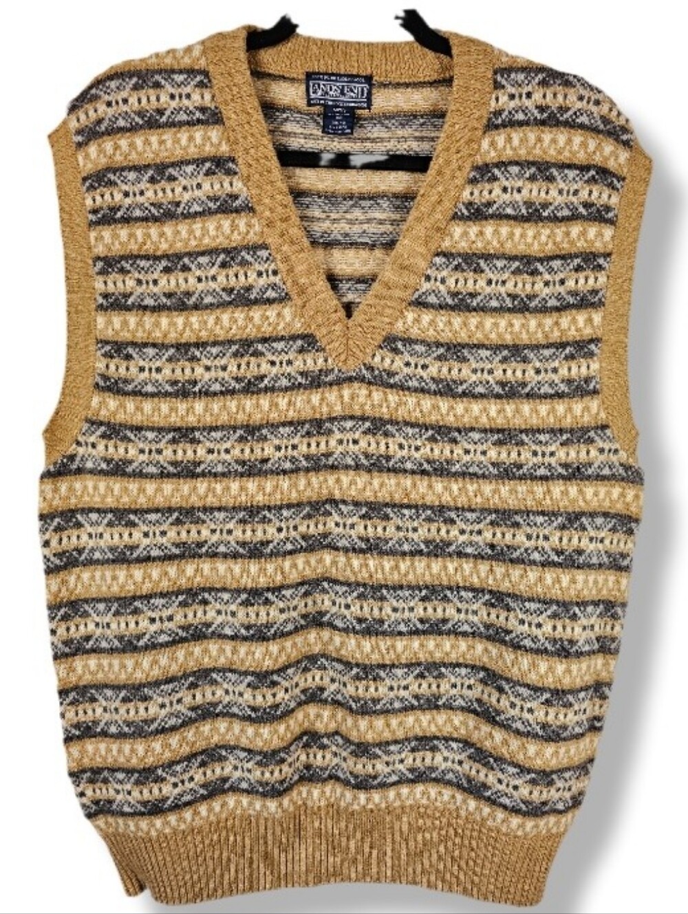 Vintage 90s Lands End Sz Med Nordic Fair Isle Geometric Pullover Vest Lambswool